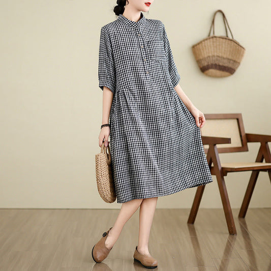 Buddha Stones Plaid Pattern Half Sleeve Cotton Linen Midi Dress With Pockets
