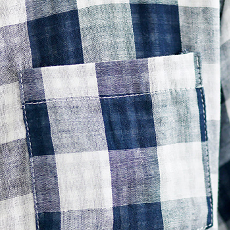 Buddha Stones Plaid Pattern Half Sleeve Cotton Linen Midi Dress With Pockets