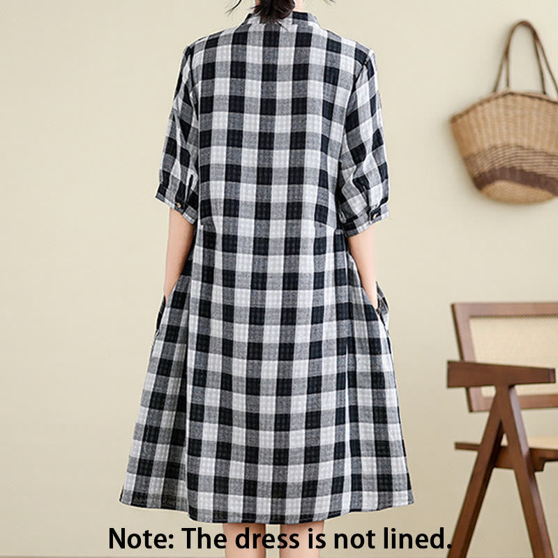 Buddha Stones Plaid Pattern Half Sleeve Cotton Linen Midi Dress With Pockets