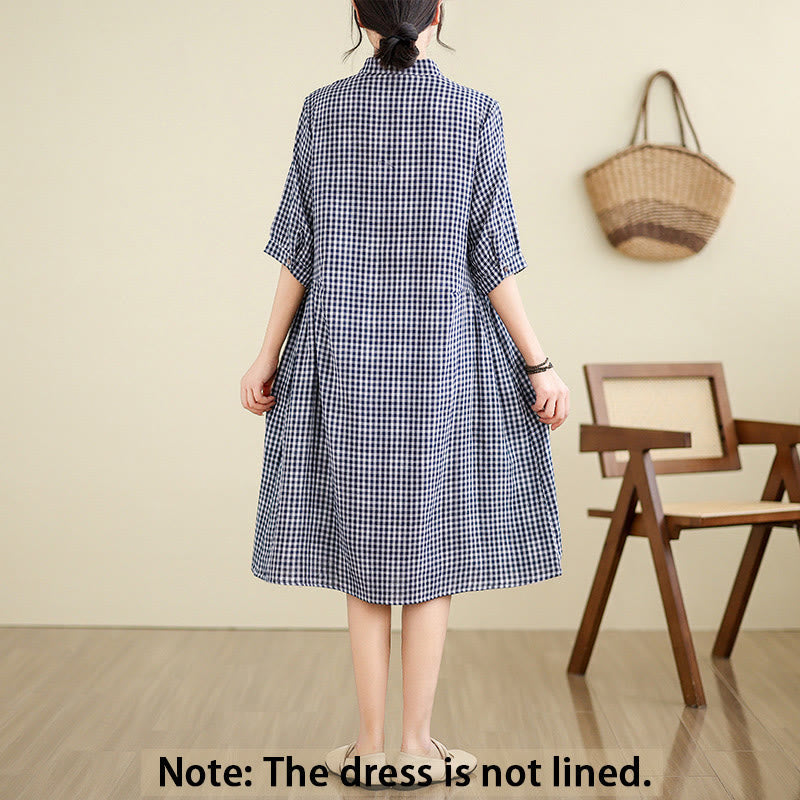 Buddha Stones Plaid Pattern Half Sleeve Cotton Linen Midi Dress With Pockets