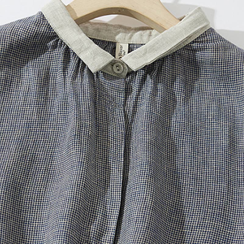 Buddha Stones Commute DimGray Plaid Lantern Long Sleeve Cotton Linen Midi Dress With Pockets