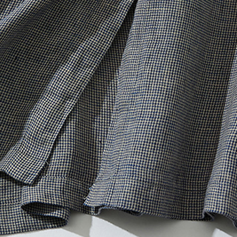 Buddha Stones Commute DimGray Plaid Lantern Long Sleeve Cotton Linen Midi Dress With Pockets