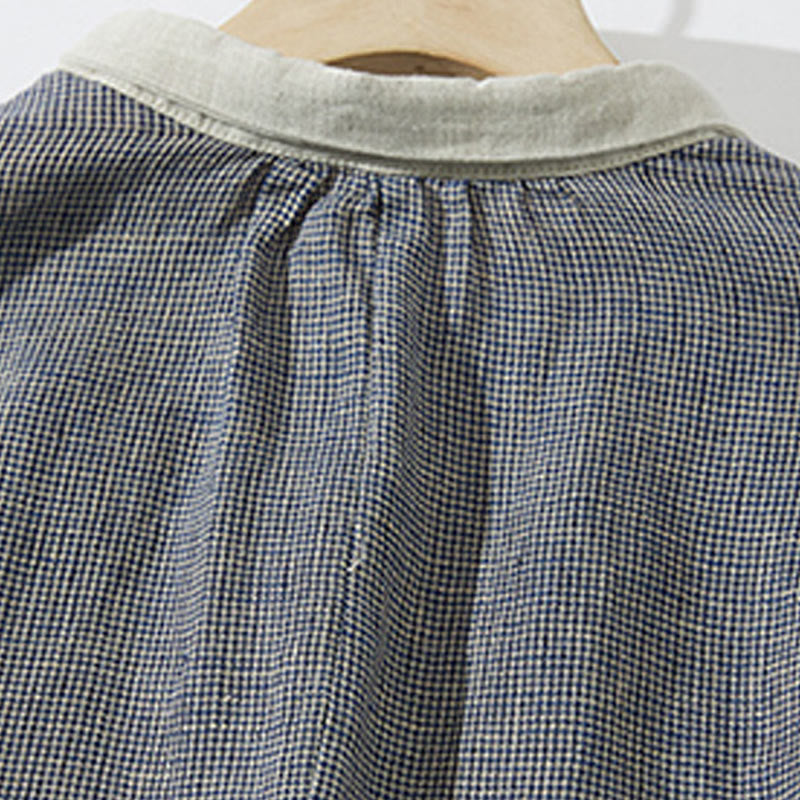Buddha Stones Commute DimGray Plaid Lantern Long Sleeve Cotton Linen Midi Dress With Pockets