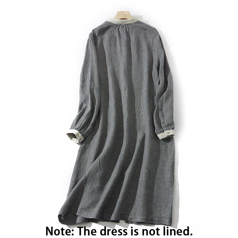 Buddha Stones Commute DimGray Plaid Lantern Long Sleeve Cotton Linen Midi Dress With Pockets