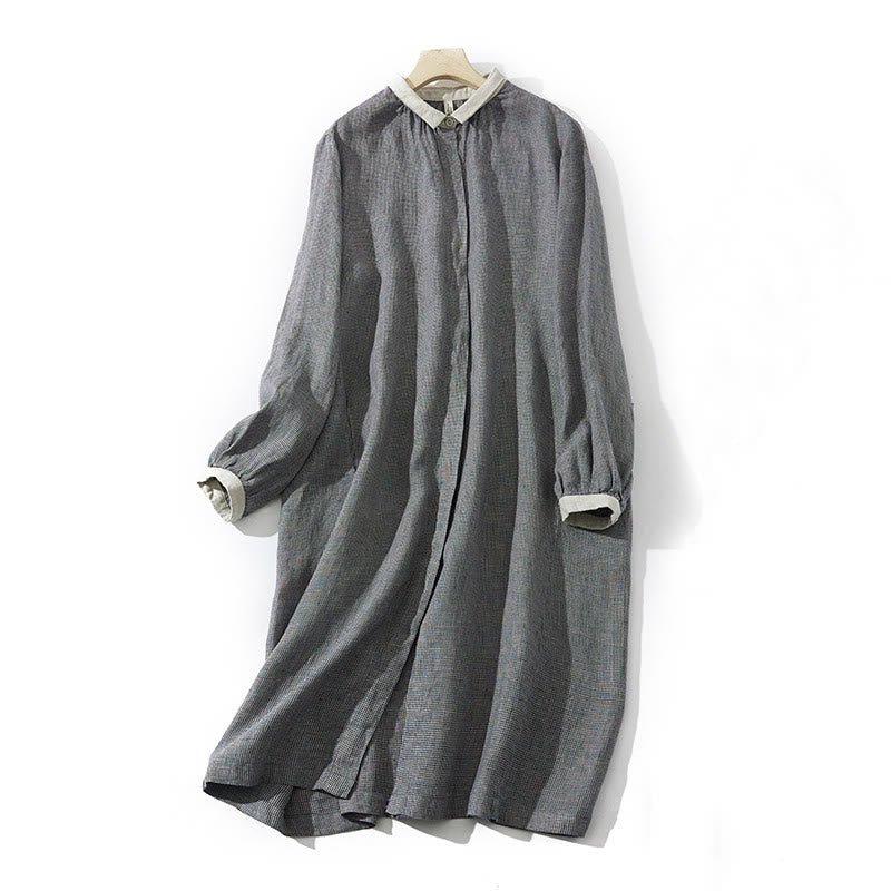 Buddha Stones Commute DimGray Plaid Lantern Long Sleeve Cotton Linen Midi Dress With Pockets