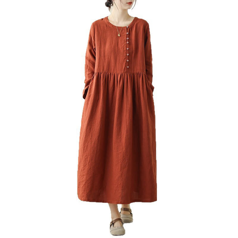 Buddha Stones OrangeRed Lace-Up Design Long Sleeve Cotton Midi Dress With Pockets