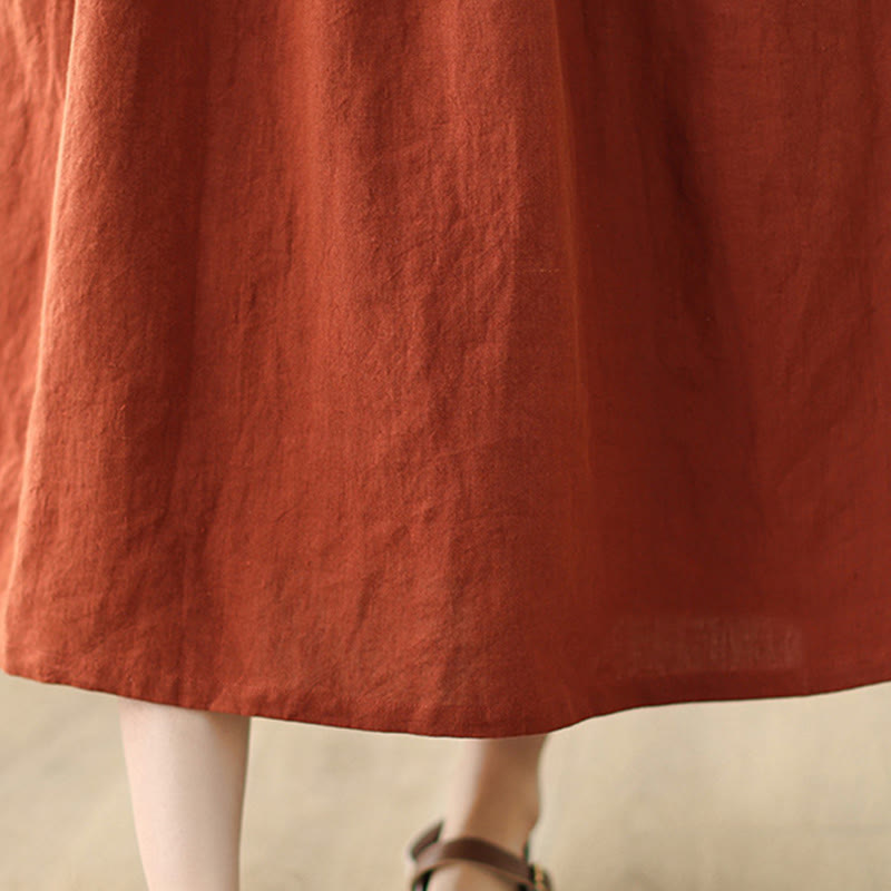 Buddha Stones OrangeRed Lace-Up Design Long Sleeve Cotton Midi Dress With Pockets