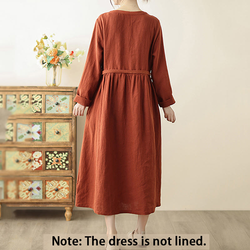 Buddha Stones OrangeRed Lace-Up Design Long Sleeve Cotton Midi Dress With Pockets