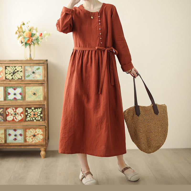 Buddha Stones OrangeRed Lace-Up Design Long Sleeve Cotton Midi Dress With Pockets