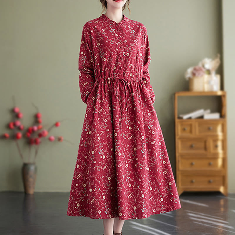 Buddha Stones Ethnic Printing Drawstring Long Sleeve Cotton Linen Midi Dress With Pockets