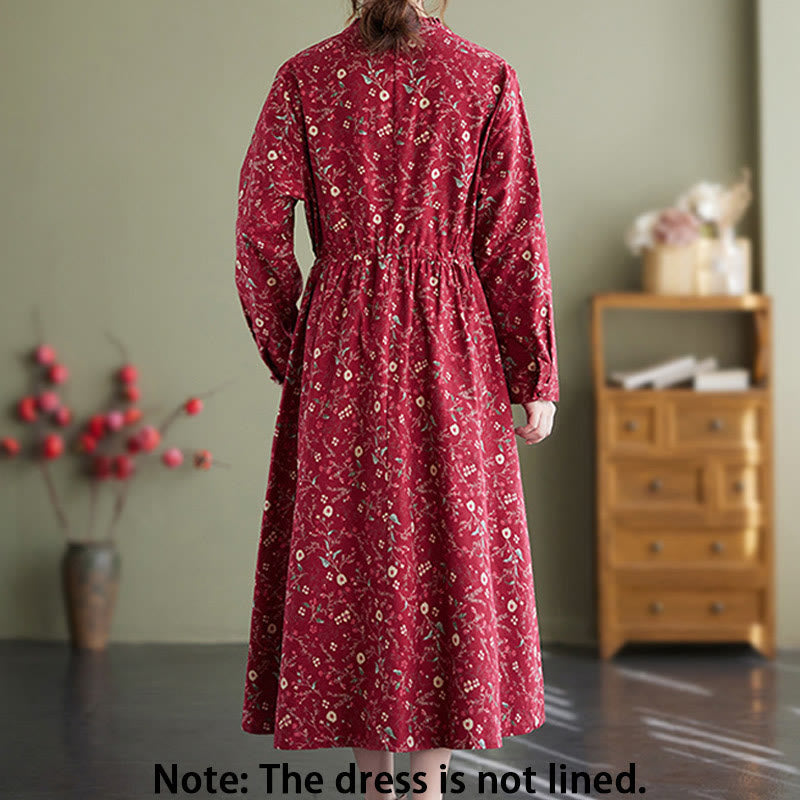 Buddha Stones Ethnic Printing Drawstring Long Sleeve Cotton Linen Midi Dress With Pockets