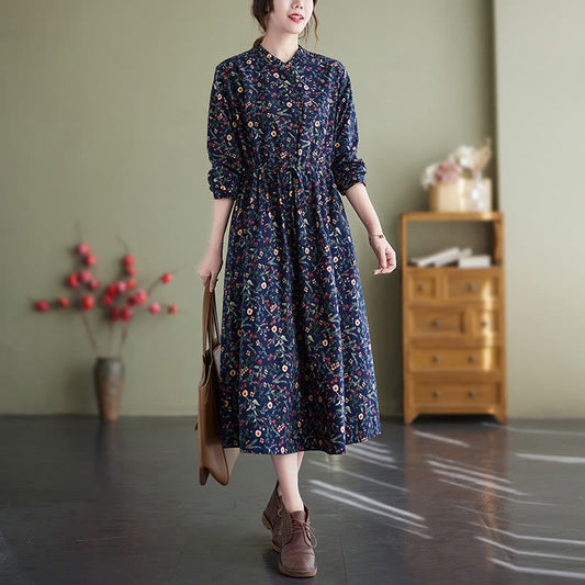 Buddha Stones Ethnic Printing Drawstring Long Sleeve Cotton Linen Midi Dress With Pockets