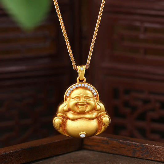 Buddha Stones Copper Laughing Buddha Pattern Happiness Necklace Pendant