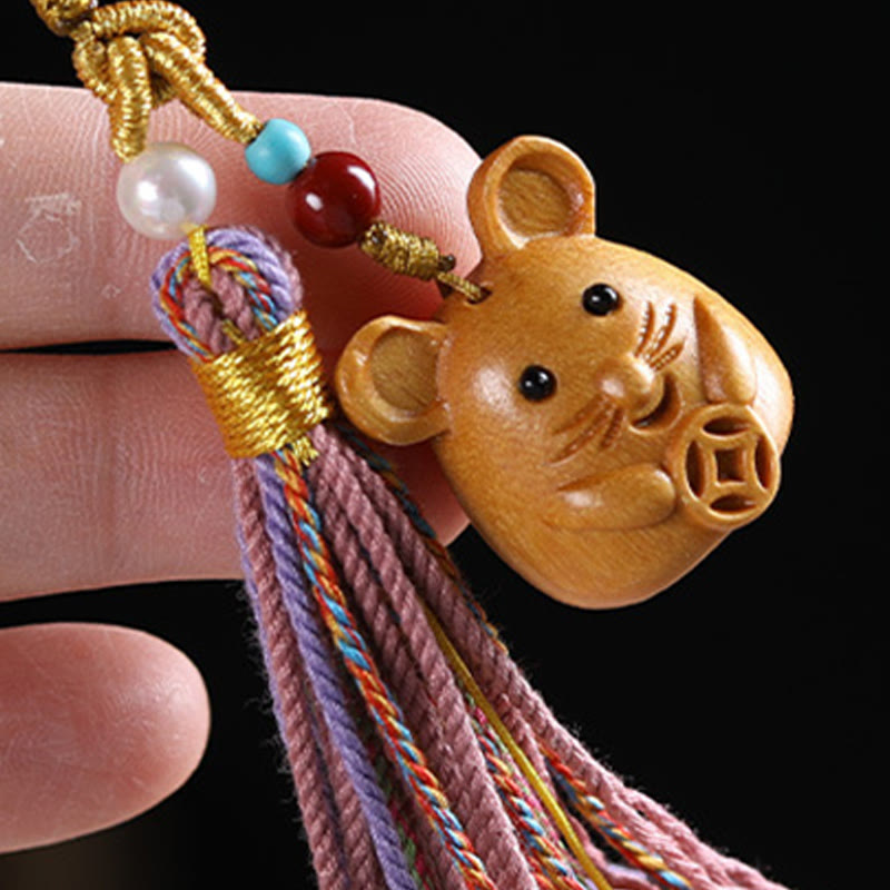 Buddha Stones Sandalwood 12 Chinese Zodiac Blessing Colorful Tassel Accessories Keychain