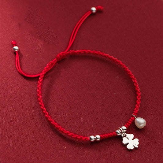 Buddha Stones Retro 925 Sterling Silver Four Leaf Clover Pearl Luck Red String Bracelet
