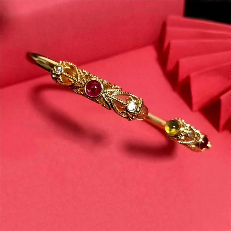 Buddha Stones Golden Flower Pattern Red Zircon Amber Copper Luck Cuff Bracelet Bangle
