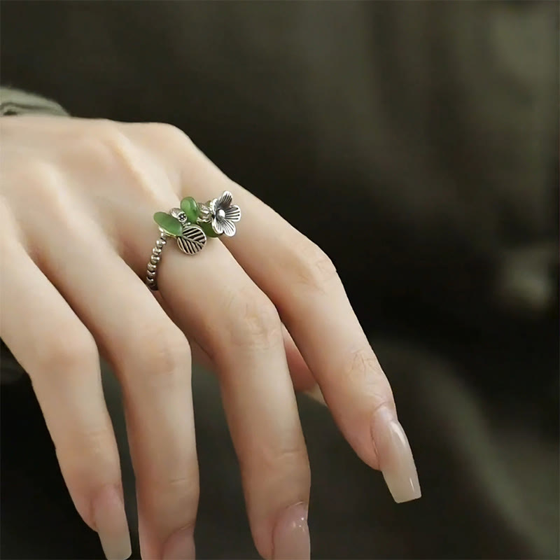 Buddha Stones Flower Pattern Copper Alloy Luck Elastic Rope Ring