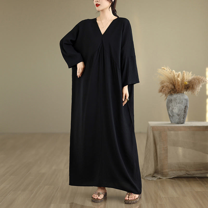 Buddha Stones Fall Pure Color V-Neck Long Sleeve Cotton Midi Dress