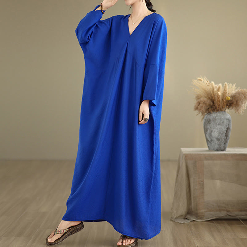Buddha Stones Fall Pure Color V-Neck Long Sleeve Cotton Midi Dress