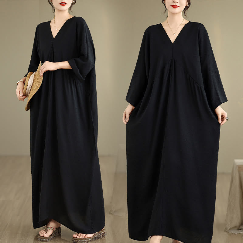 Buddha Stones Fall Pure Color V-Neck Long Sleeve Cotton Midi Dress