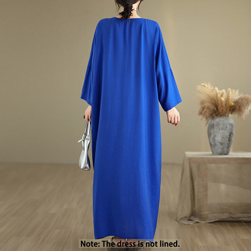 Buddha Stones Fall Pure Color V-Neck Long Sleeve Cotton Midi Dress