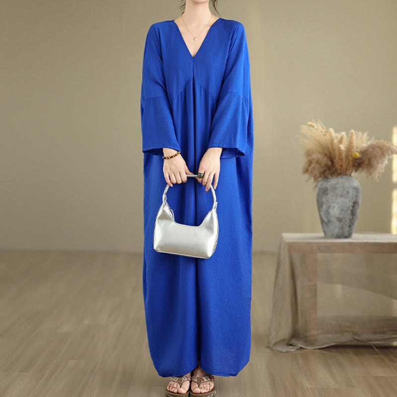 Buddha Stones Fall Pure Color V-Neck Long Sleeve Cotton Midi Dress