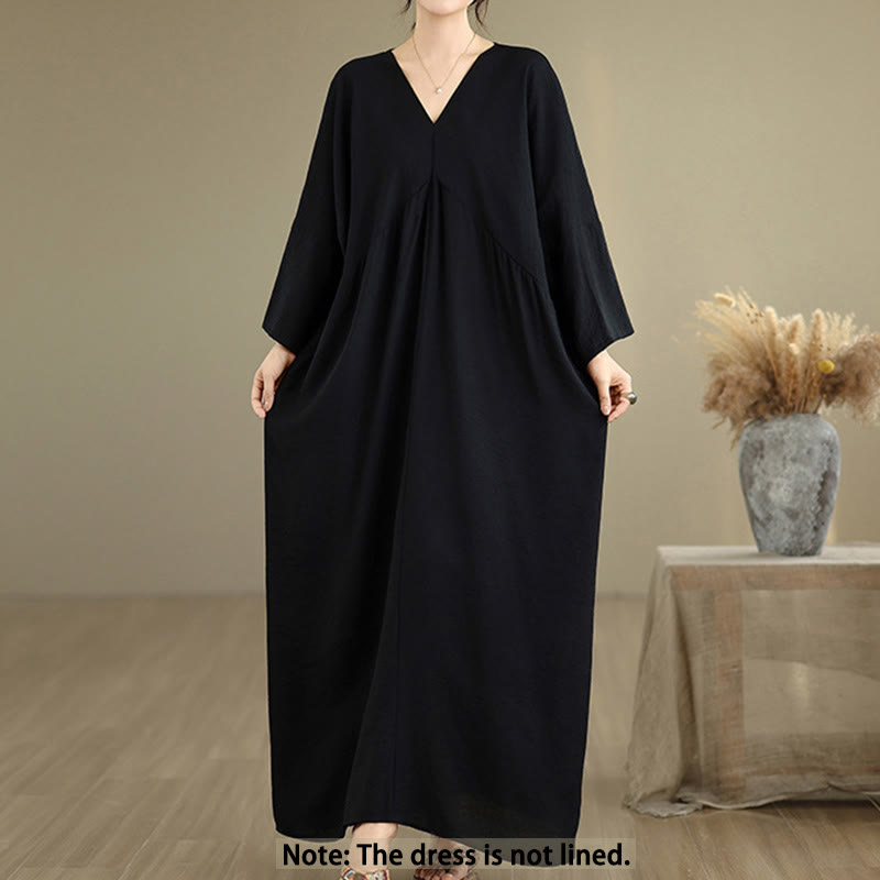 Buddha Stones Fall Pure Color V-Neck Long Sleeve Cotton Midi Dress