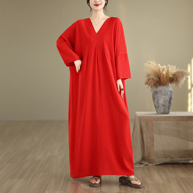 Buddha Stones Fall Pure Color V-Neck Long Sleeve Cotton Midi Dress