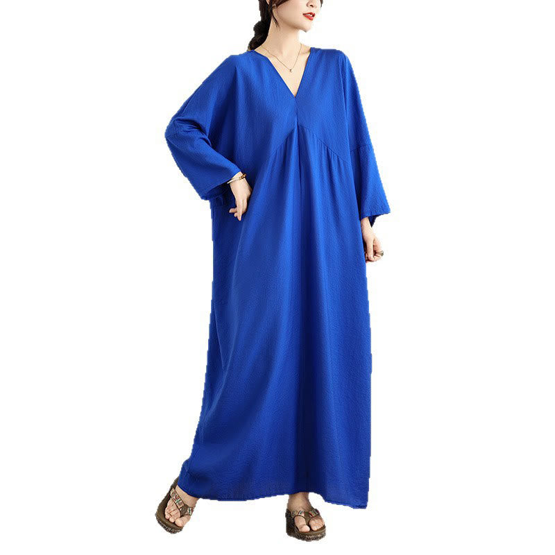 Buddha Stones Fall Pure Color V-Neck Long Sleeve Cotton Midi Dress