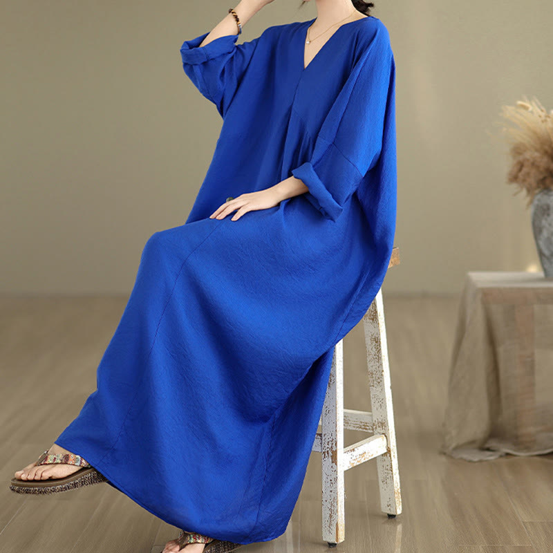 Buddha Stones Fall Pure Color V-Neck Long Sleeve Cotton Midi Dress