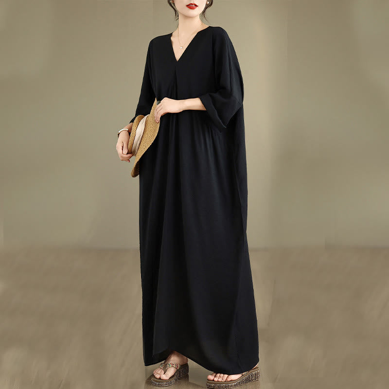 Buddha Stones Fall Pure Color V-Neck Long Sleeve Cotton Midi Dress
