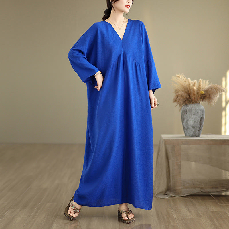 Buddha Stones Fall Pure Color V-Neck Long Sleeve Cotton Midi Dress