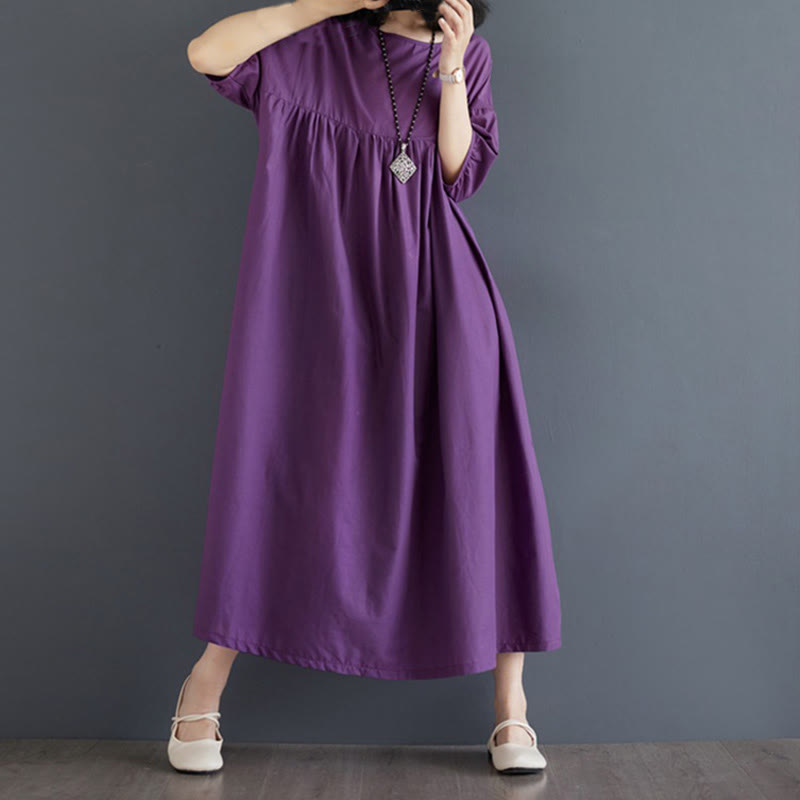 Buddha Stones Solid Color Pleated Design Crew Neck Half Puff Sleeve Cotton Midi Dress