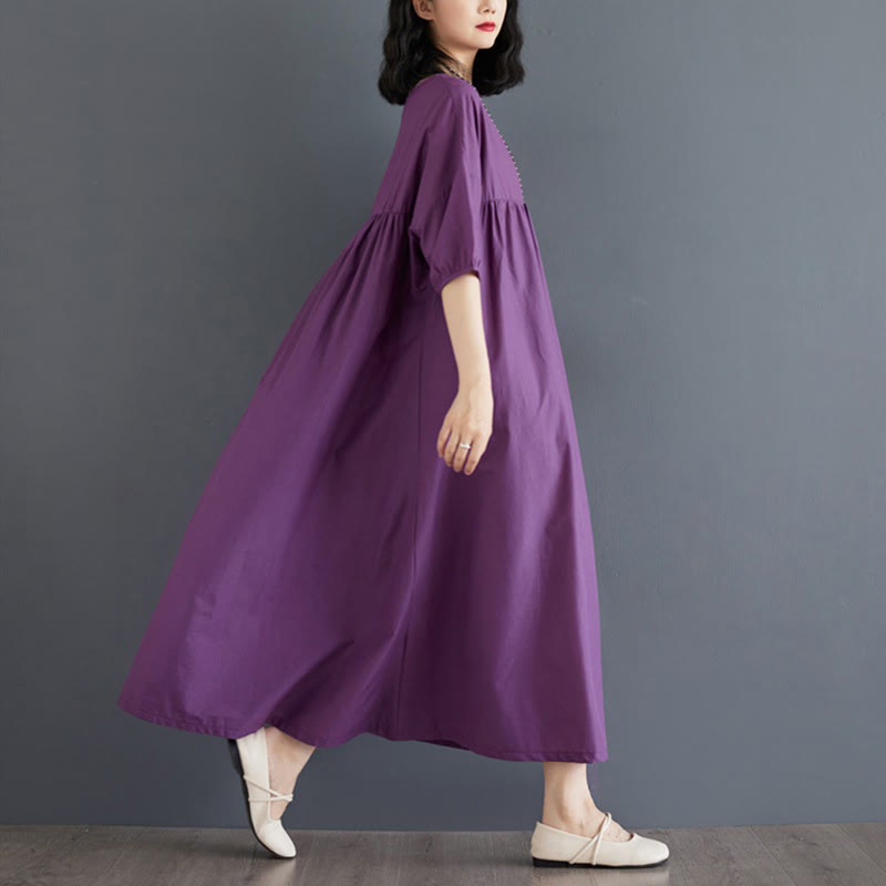 Buddha Stones Solid Color Pleated Design Crew Neck Half Puff Sleeve Cotton Midi Dress