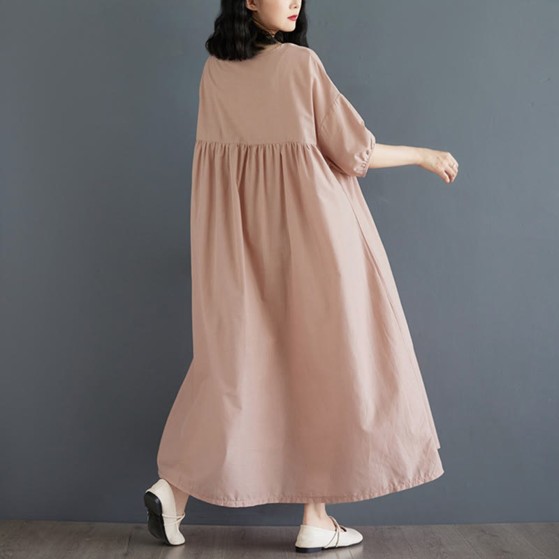 Buddha Stones Solid Color Pleated Design Crew Neck Half Puff Sleeve Cotton Midi Dress