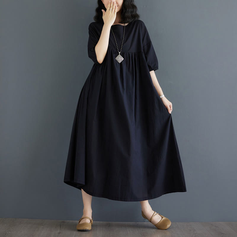 Buddha Stones Solid Color Pleated Design Crew Neck Half Puff Sleeve Cotton Midi Dress