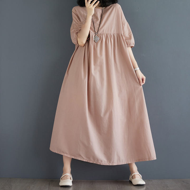 Buddha Stones Solid Color Pleated Design Crew Neck Half Puff Sleeve Cotton Midi Dress