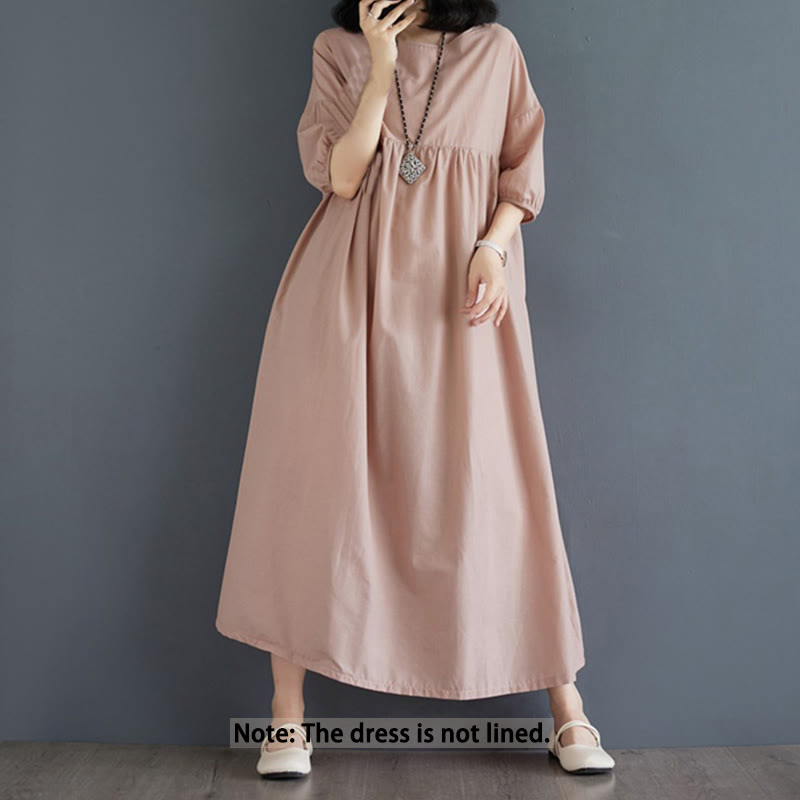 Buddha Stones Solid Color Pleated Design Crew Neck Half Puff Sleeve Cotton Midi Dress