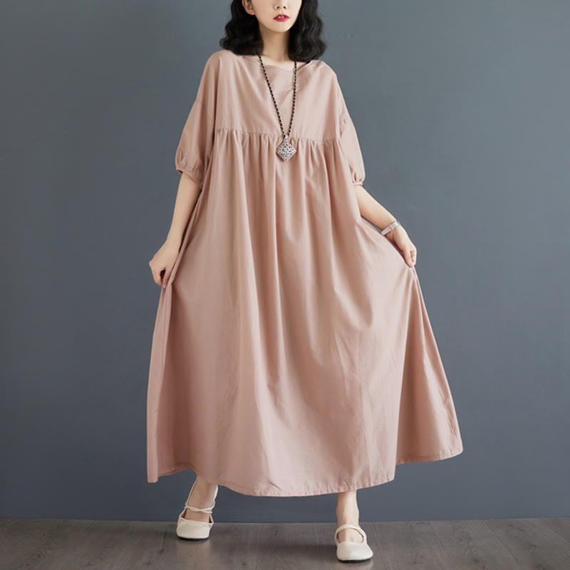 Buddha Stones Solid Color Pleated Design Crew Neck Half Puff Sleeve Cotton Midi Dress