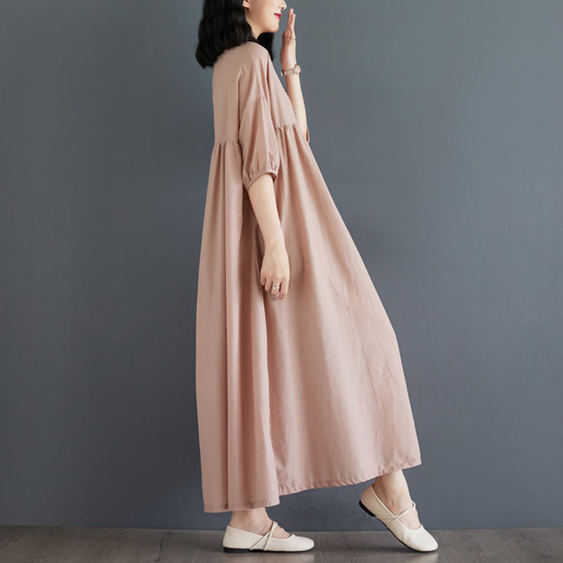 Buddha Stones Solid Color Pleated Design Crew Neck Half Puff Sleeve Cotton Midi Dress