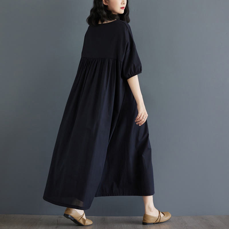 Buddha Stones Solid Color Pleated Design Crew Neck Half Puff Sleeve Cotton Midi Dress