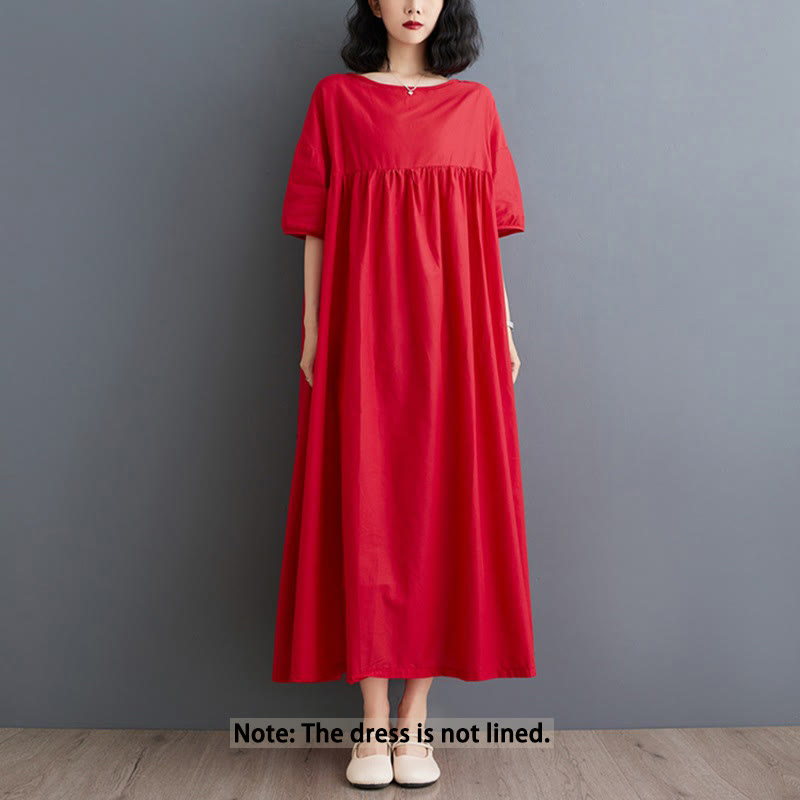 Buddha Stones Solid Color Pleated Design Crew Neck Half Puff Sleeve Cotton Midi Dress