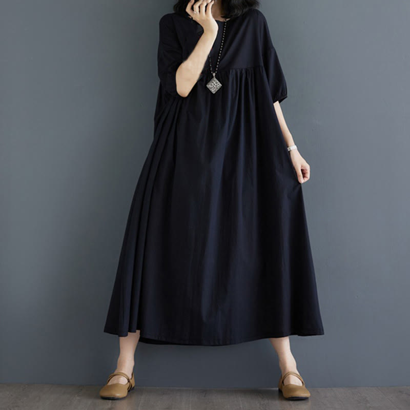 Buddha Stones Solid Color Pleated Design Crew Neck Half Puff Sleeve Cotton Midi Dress
