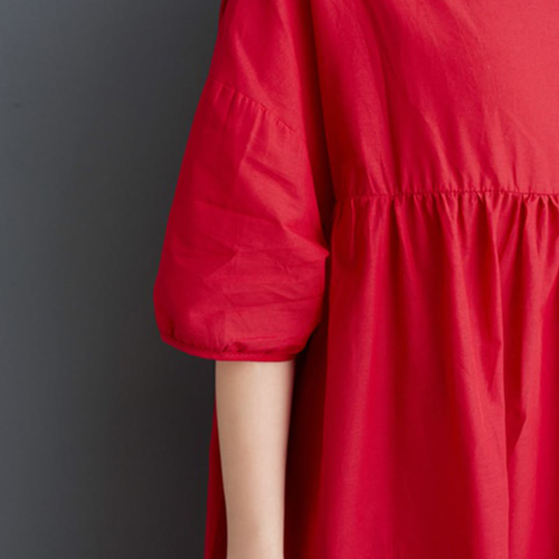 Buddha Stones Solid Color Pleated Design Crew Neck Half Puff Sleeve Cotton Midi Dress