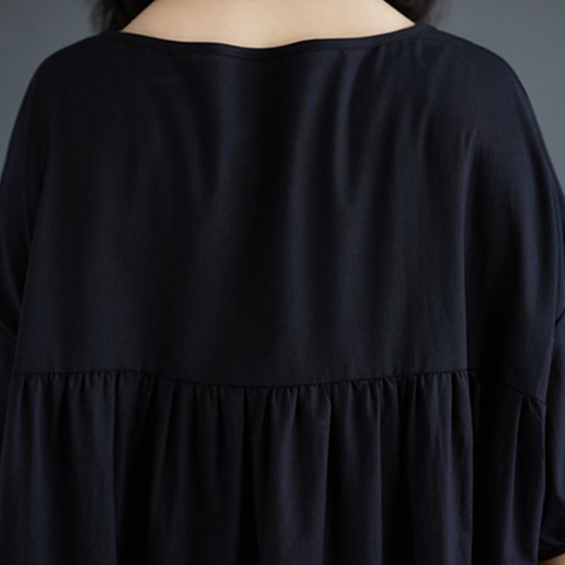 Buddha Stones Solid Color Pleated Design Crew Neck Half Puff Sleeve Cotton Midi Dress