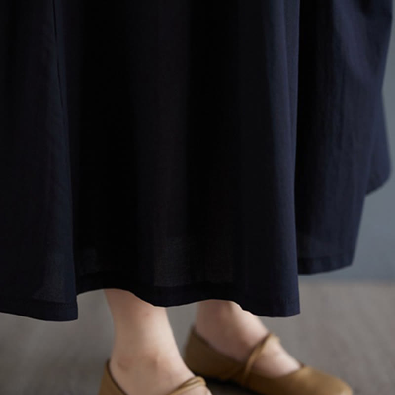 Buddha Stones Solid Color Pleated Design Crew Neck Half Puff Sleeve Cotton Midi Dress