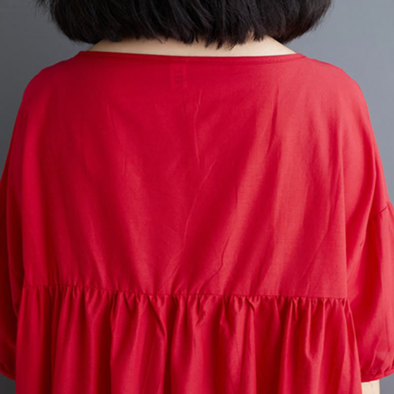 Buddha Stones Solid Color Pleated Design Crew Neck Half Puff Sleeve Cotton Midi Dress
