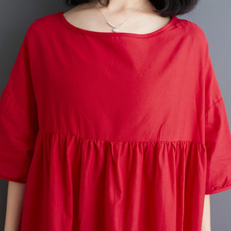 Buddha Stones Solid Color Pleated Design Crew Neck Half Puff Sleeve Cotton Midi Dress