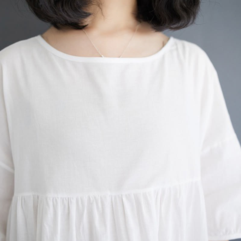 Buddha Stones Solid Color Pleated Design Crew Neck Half Puff Sleeve Cotton Midi Dress