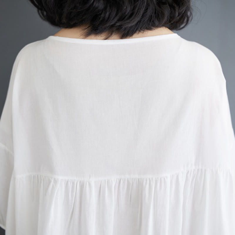 Buddha Stones Solid Color Pleated Design Crew Neck Half Puff Sleeve Cotton Midi Dress
